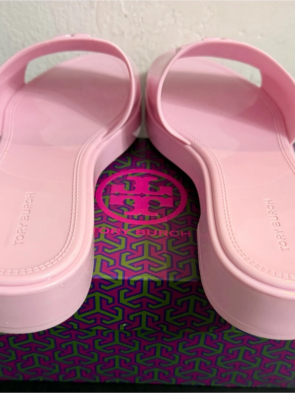 Tory Burch Pink Patent Logo Slide Sandals